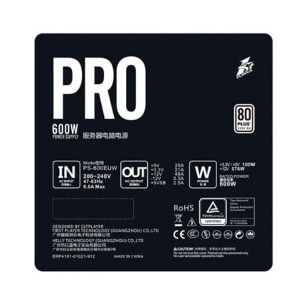 1st Player PRO6.0 PS-600EUW 600W 80PLUS 230V EU Certified Power Supply NATIVE DUAL CPU SUPPORT 80PLUS 230V EU Certified Double Forward + APFC Black DC Cables